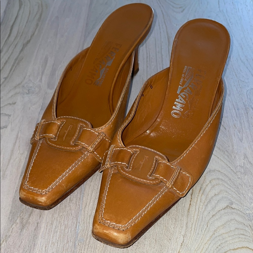 Salvatore Ferragamo Tan Leather Mules with Decorative Hardware
